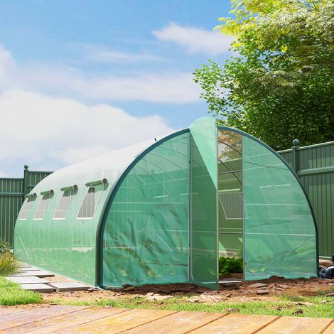 Serra a tunnel, 18 m², 8 finestre, 2 porte a battente, tela in PE, struttura in ferro zincato verde