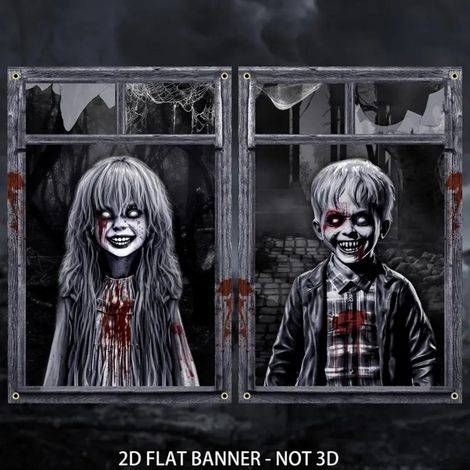 Décorations d'Halloween pour fenêtres : rideaux, guirlandes, fanions pour une fête d'Halloween en extérieur (2 pièces) - 80 x 120 cm - NG-26