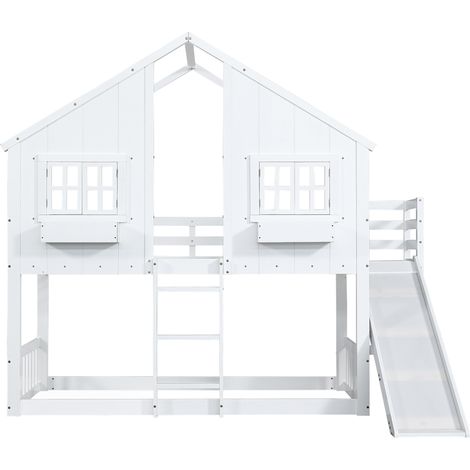 Litera infantil con tobogán, techo y ventanas 90 x 200 cm en madera y MDF blanco HOMVRA (1/5)