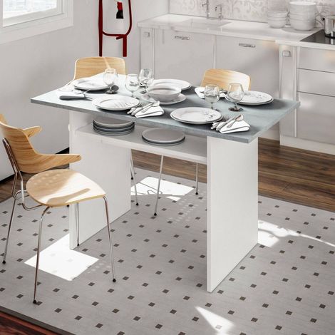 Table extensible, Etagère extensible avec ouverture rabattable, Table console d'appoint pliante, 120x35h77 cm, Blanc et Ciment (1/5)