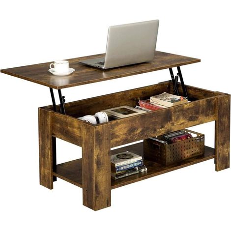 Tavolino da caffè in legno con piano sollevabile, vano portaoggetti e ripiano superiore scorrevole, ideale per soggiorno, ufficio, sala d'attesa e camera da letto (marrone) (1/5)