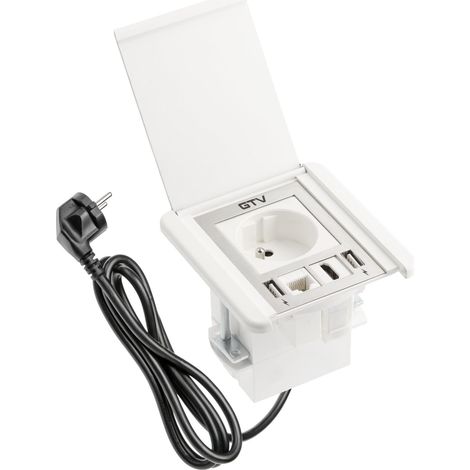 GTV - Multipresa da Scrivania FLIP, Presa per Mobili da Incasso, Presa da Scrivania, Multipresa Scrivania, 1 Presa Schuko, 2 USB A, 1 RJ45, 1 HDMI, Cavo 1,5 m, Presa A Scomparsa Top Cucina - Bianco