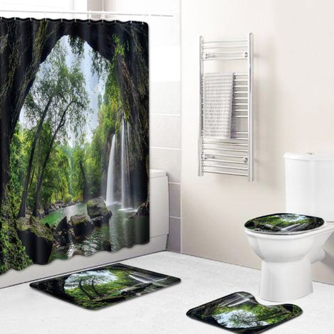Ensemble 4 pièces rideau de douche, tapis de bain, couvre-WC, motif cascade, polyester et flanelle, pour salle de bain (1/5)