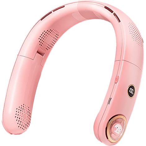 (Rose cartoon) Nouveau ventilateur pliable sans pales à porter autour du cou (2023) – Rechargeable par USB, affichage numérique, silencieux, mini ventilateur portable (1/2)