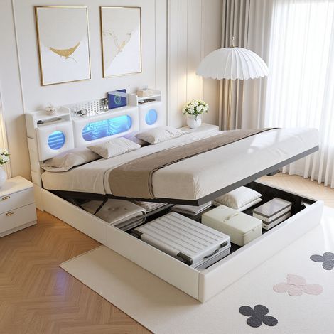 Lit Coffre 160x200 cm avec LED et USB, Tête de Lit avec Rangement, Lit Double avec Système Hydraulique, Lit Adulte Adolescent, PU, Blanc (1/5)