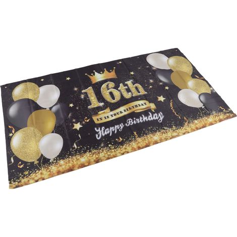 Décoration murale lavable « Joyeux anniversaire » avec ballons noirs et dorés et feux d'artifice - Bannière pour 16 ans, idéale pour une chambre ou un jardin. (1/5)