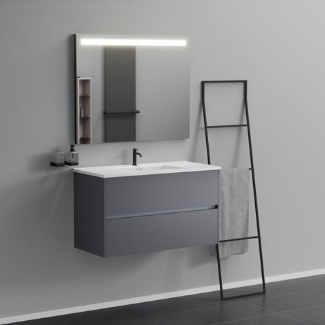 Inda - Badezimmerschrank 2 Schubladen L.100 mit beleuchtetem Spiegelwaschbecken – Mattiertes Titan