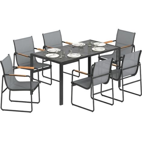 7-teiliges Garten-Set mit Glastisch und Netzstühlen, Grau, für 6 Personen