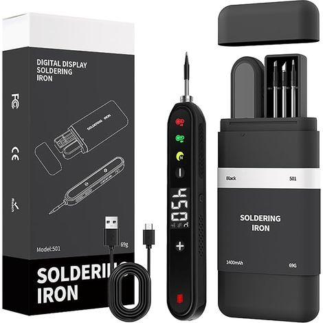 Wireless Soldering Iron with Stand, LCD Display Adjustable Temperature 180-450℃, 3 Soldering Tips, USB Soldering Iron for PCB Repair, Soldering Repair - Black (1/5)