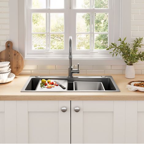 Lavello da cucina da incasso 75 x 45 cm in acciaio inox con tagliere, nero DESVIAE (1/5)