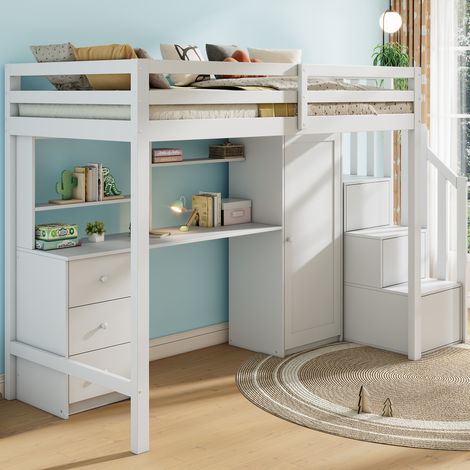 Letto a soppalco multifunzionale 90x200 cm in legno con scrivania, armadio, 3 cassetti e scala contenitore - bianco (1/5)