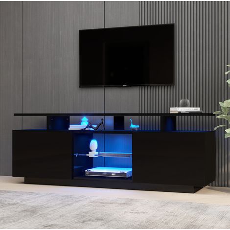 Mueble de TV (140x35x55 cm), LED controlada por app, 5 compartimentos abiertos, paneles de alto brillo, aglomerado negro (1/5)