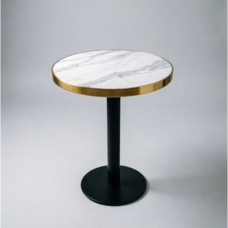 Tavolino tondo moderno con piano effetto marmo UV e struttura in acciaio inox color oro, Ø60 cm (1/5)