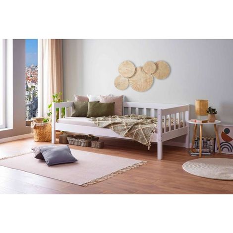 DIVANO LETTO SINTRO CON SPONDE 90x200 PINO MASSELLO BIANCO DOGHE INCUSE (1/5)