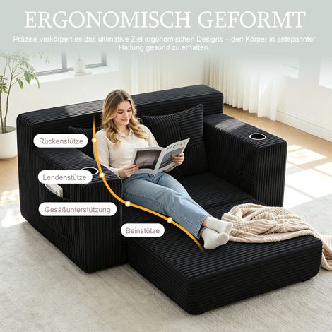 Questo moderno divano letto matrimoniale è un comodo divano a due posti rivestito in cashmere, completo di due cuscini e portabicchieri. Dispone inoltre di un elegante poggiapiedi decorativo con vano  (1/5)