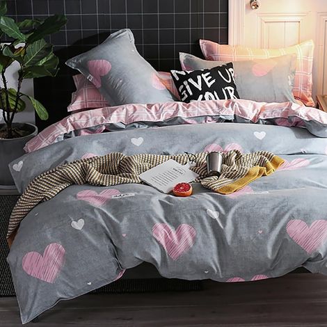 1 Parure De Lit 3 Pièces, Housse De Couette 200x200 Cm Réversible Coeur, 2 Taies D'oreiller 65x65 Cm, Microfibre Douce Pour Adulte