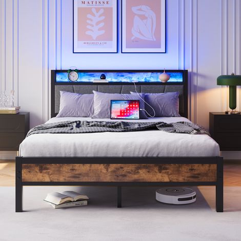 Lit moderne 120x200 cm métal et MDF brun antique, tête de lit de rangement capitonnée avec LED et USB (1/5)