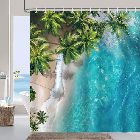 CCYKXA  Beach Sea Blue Tropical Palm Tree Shower Curtain, Polyester Fabric, Anti-Mold, Waterproof, Washable, Bathroom Curtain, 180 x 180 cm with 12 Bathtub Hooks (1/5)