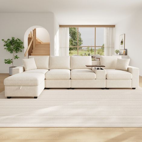 Sofá rinconera modular 5 plazas 313 x 147 x 82 cm beige DESVIAE (1/5)