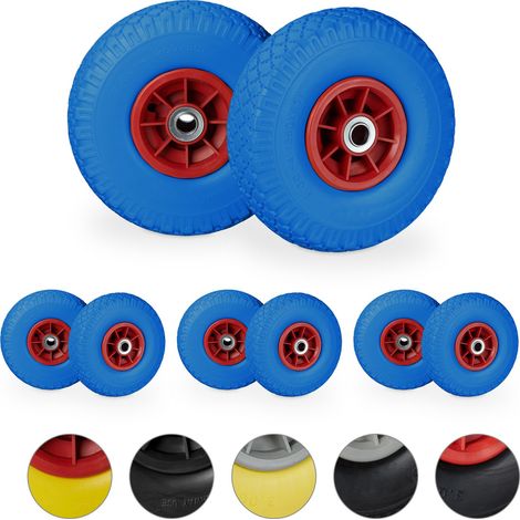 8 x Sackkarrenrad, pannensichere Vollgummireifen, 3.00-4 Zoll, 20 mm Achse, bis 80 kg, Ersatzrad 260 x 85 mm, blau-rot