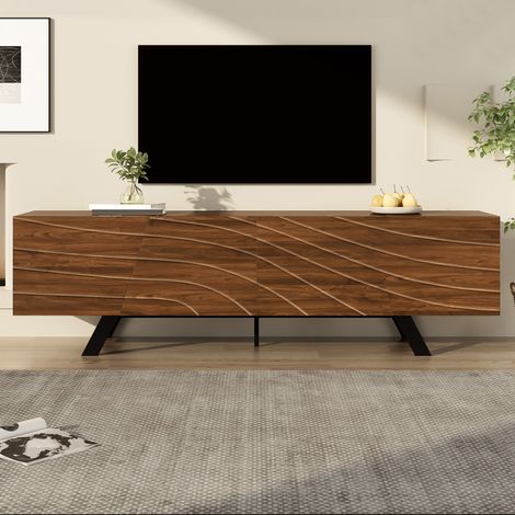 Meuble TV design ondulé – meuble bas noyer et pieds métal noir, grand rangement avec câble et étagère – meuble télé pour séjour, entrée (160×39×50,5 cm) (1/5)