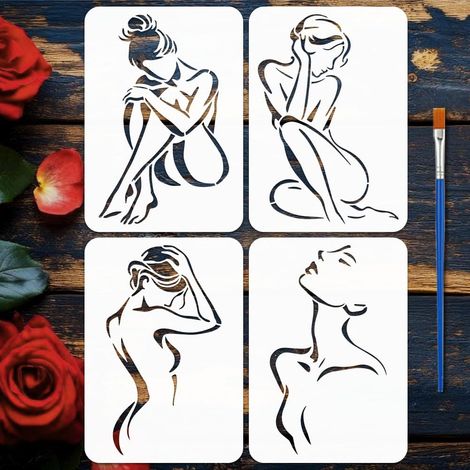 4pcs Pochoirs Femme Lignes avec Pinceau, 29.7x21cm 4 Styles Figure Féminine avec Lignes Pochoir Réutilisable Thème Femme pour Peinture sur Bois Mur Tissus Meuble Carte Toile (1/5)