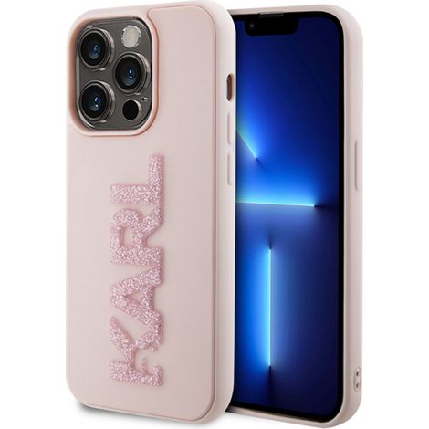 Cover per iPhone 15 Pro con logo Karl Lagerfeld 3D in gomma glitterata (rosa) (1/5)