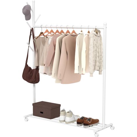 Portant à vêtements sur roulettes avec étagère à chaussures et 5 crochets, 120 x 43 x 171 cm, blanc
