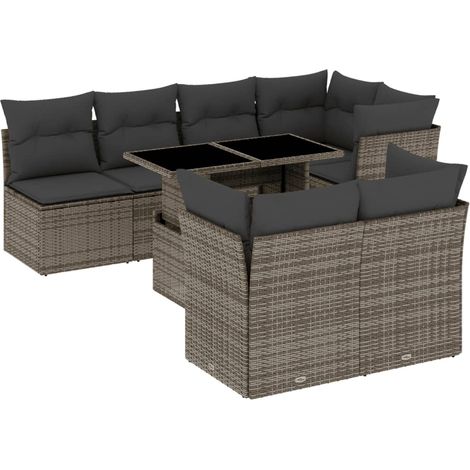 Salon de Jardin 8 Places en Résine Tressée Gris avec Coussins, Table Modulable et Verre Trempé - Ensemble Canapé d'Extérieur (1/5)