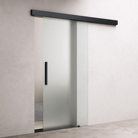 doporro Glasschiebetür Komplettset 77,5 x 205cm 15mm Wandabstand Schiebetür mit ESG-Sicherheitsglas Zimmertür Glas Vollsatiniert und Schwarz Stangengriff Amalfi-plus 14