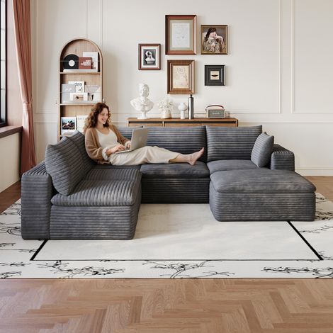 Canapé Cloud 260x250 cm velours côtelé, double couche, housse amovible, sans montage – salon, chambre, bureau & appartement, gris foncé (1/4)