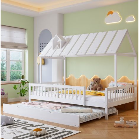 Letto a casetta 120x200 cm con letto aggiuntivo 120x190 cm, forma a casa, sponda di sicurezza, rete a doghe, in legno, senza materasso, bianco (1/5)