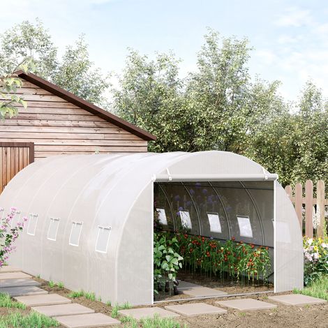 Serre tunnel Outsunny 6 x 3 x 2 m, avec porte enroulable, 12 fenêtres, bâche en PE 140 g/m² et structure métallique galvanisée, idéale pour la culture de plantes et de légumes, blanche.