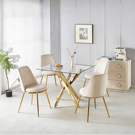 Ensemble table à manger 80x80x75 cm en verre et métal doré, 4 chaises velours – MEUBLIV (1/5)