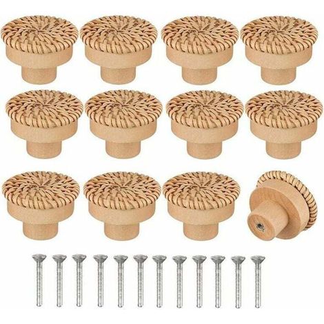 Lot de 12 Boutons de Commode en Rotin de Style Bohème - Faits à la Main - Inclus Vis - Convient pour Meubles en Bois, Tiroirs, Armoires