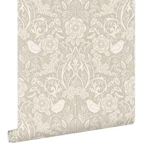 papier peint fleurs et oiseaux de style art nouveau gris et blanc - ESTAhome