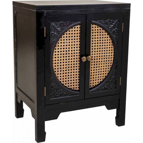 Table de chevet en bois et rotin style raffiné noir - noir et rotin naturel (1/5)