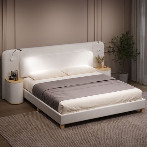Lit 140x200 cm en velours côtelé beige avec chevets LED, gain de place, sans matelas – MEUBLIV (1/5)