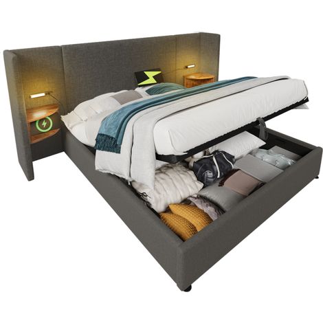 Lit Coffre 180x200 Cm Avec Tête De Lit Multifonctionnelle Et Rangement Intégré (1/5)