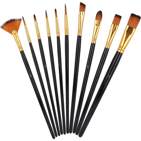 Ensemble de 10 pinceaux en nylon, manche en bois, forme éventail, assortiment de pinceaux plats et à poils variés pour la peinture à l'huile et acrylique.