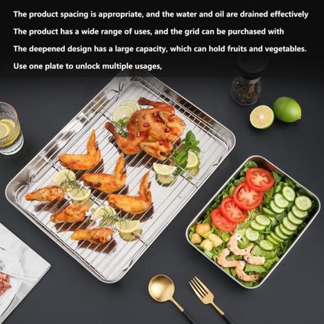 Plat de cuisson rectangulaire avec grille, plaque de cuisson saine, accessoire de cuisson pour four, idéal pour rôtir et griller, compatible cuisson au four (1/4)