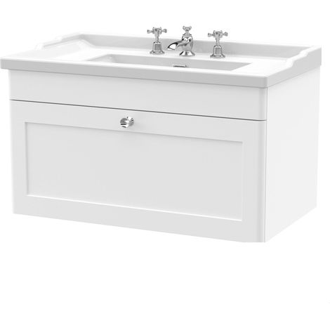 Swynnerton Traditional 1 Drawer Wall Hung Vanity Unit with Basin, Satin White, 800mm (1/4)
