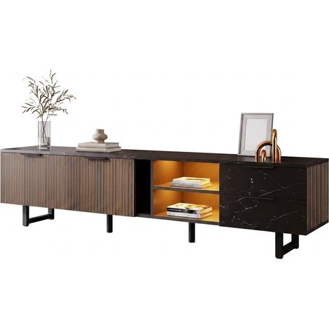 Meuble TV 200 cm noir effet marbre, portes à veinage bois foncé, LED multicolore pilotable par application, 2 portes, 2 tiroirs, 2 niches, pieds 15 cm, CHICFURN (1/5)