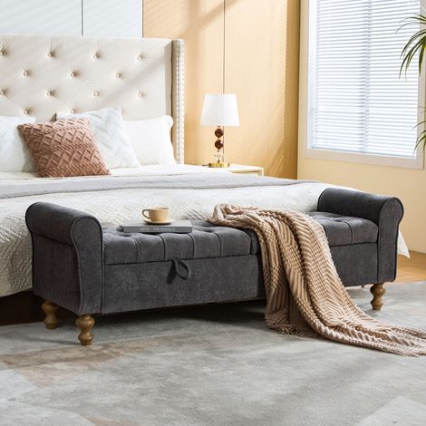Banc de rangement moderne 2 coffres, pouf en velours avec repose-pieds et accoudoirs roulés, convertible en méridienne, pieds caoutchouc, idéal séjour, hall, chambre, teinte anthracite. (1/5)
