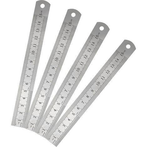 Jeu de 4 règles en inox de 15 cm avec trous d'accrochage. Règles métalliques adaptées aux étudiants, ingénieurs, architectes, bureaux et écoles. Instruments de mesure. (1/5)