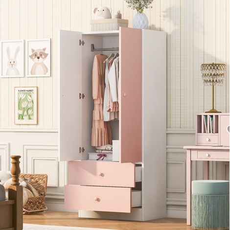 Armadio 70 x 40 x 170 cm con barra appendiabiti e 2 cassetti, rosa/bianco OKMYHOME (1/5)