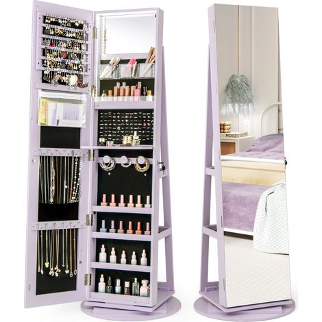 Armadio portagioielli girevole con specchio a figura intera luci LED, Organizer da terra di gioielli Viola (1/4)