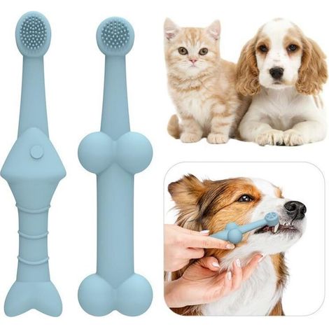 Spazzolino da denti per cani (confezione da 2), in silicone, per animali domestici e gatti (blu, universale). (1/4)
