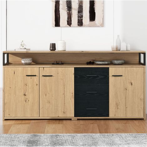 Buffet industriel 150 x 35 x 75,9 cm 3 portes 3 tiroirs noir et bois DESVIAE (1/5)