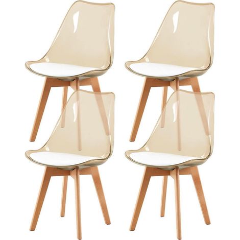 4er Set Esszimmerstühle Skandinavisch Transparent Braun mit Weißem PU-Leder Sitzkissen (1/5)